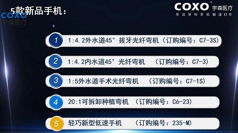 宇森牙科手機新品推介會，無菌拔牙手機、1:4.2增速反角光纖手機c7-3s。 科貿(mào)嘉友熱線17791999852