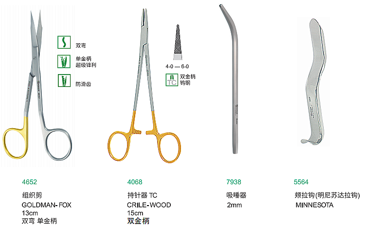 組織剪、持針器、吸唾、頰拉鉤